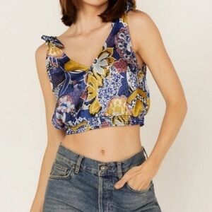 Free People Blue and Purple Crop Tie Front Tank Top